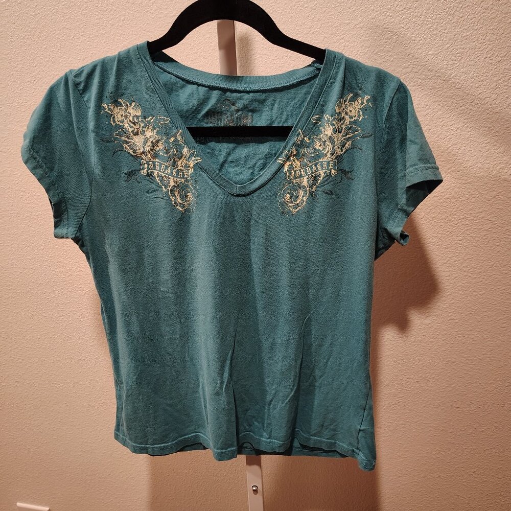 Jordache Premium Women's Top Size Large Graphic V-Neck Short Sleeve Cotton Green